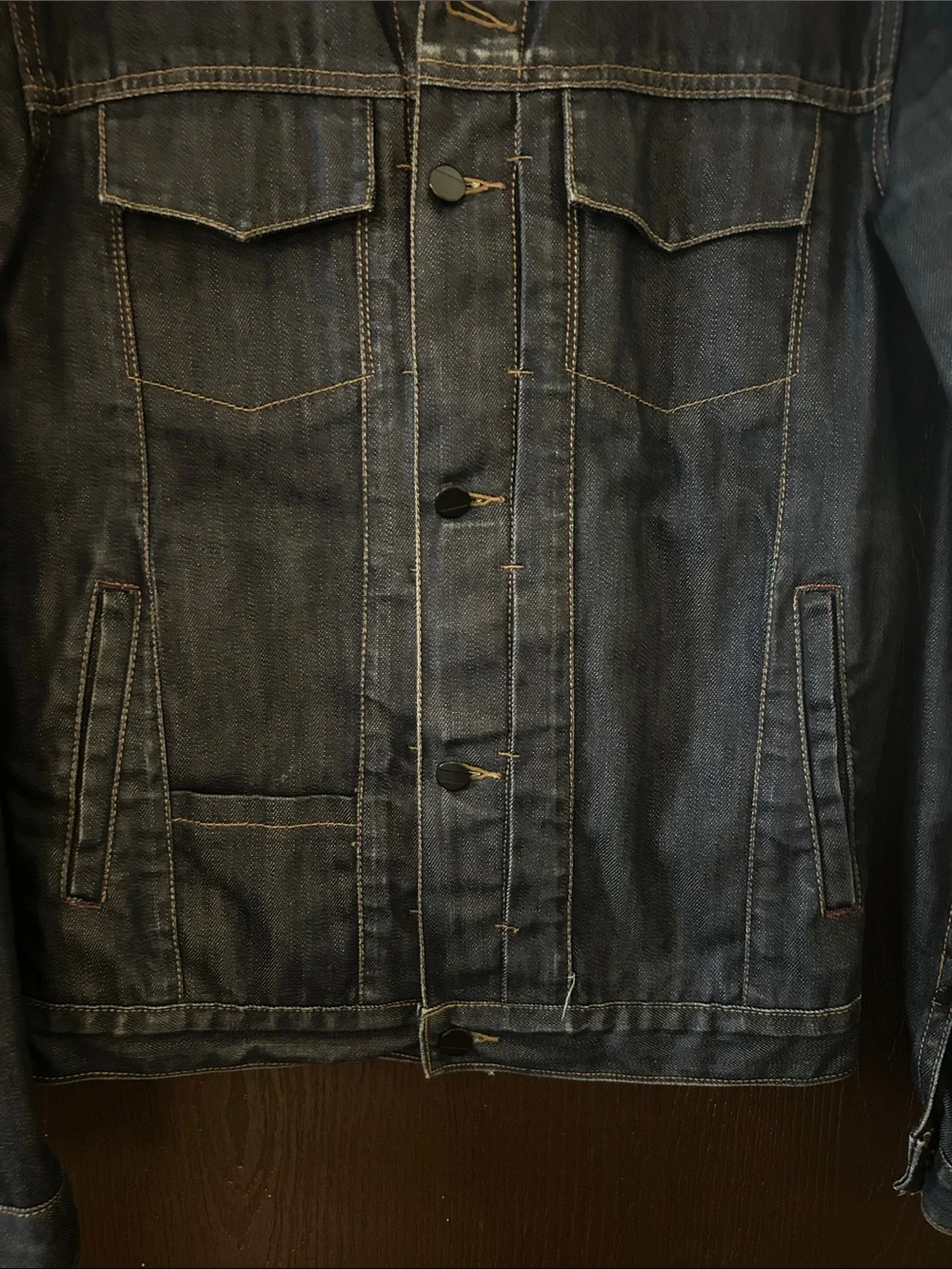 Commune M Men's Raw Dark Denim Jacket  Button-Up 5 Pkts Contrast Stitching